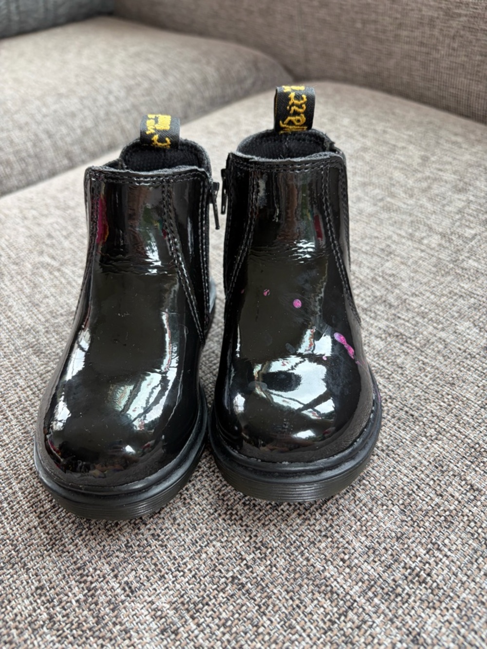Dr. Martens Black Patent Chelsea Boots with Yellow Pull Tab